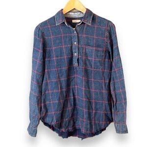 Faherty Blue Red Plaid 1/4 Button Flannel Raw Hem Long Sleeve Shirt Small